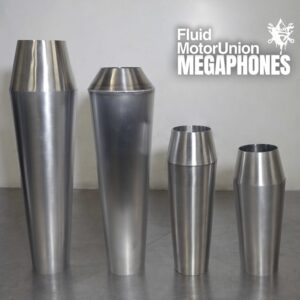Fluid Motor Union Megaphones on an industrial table.